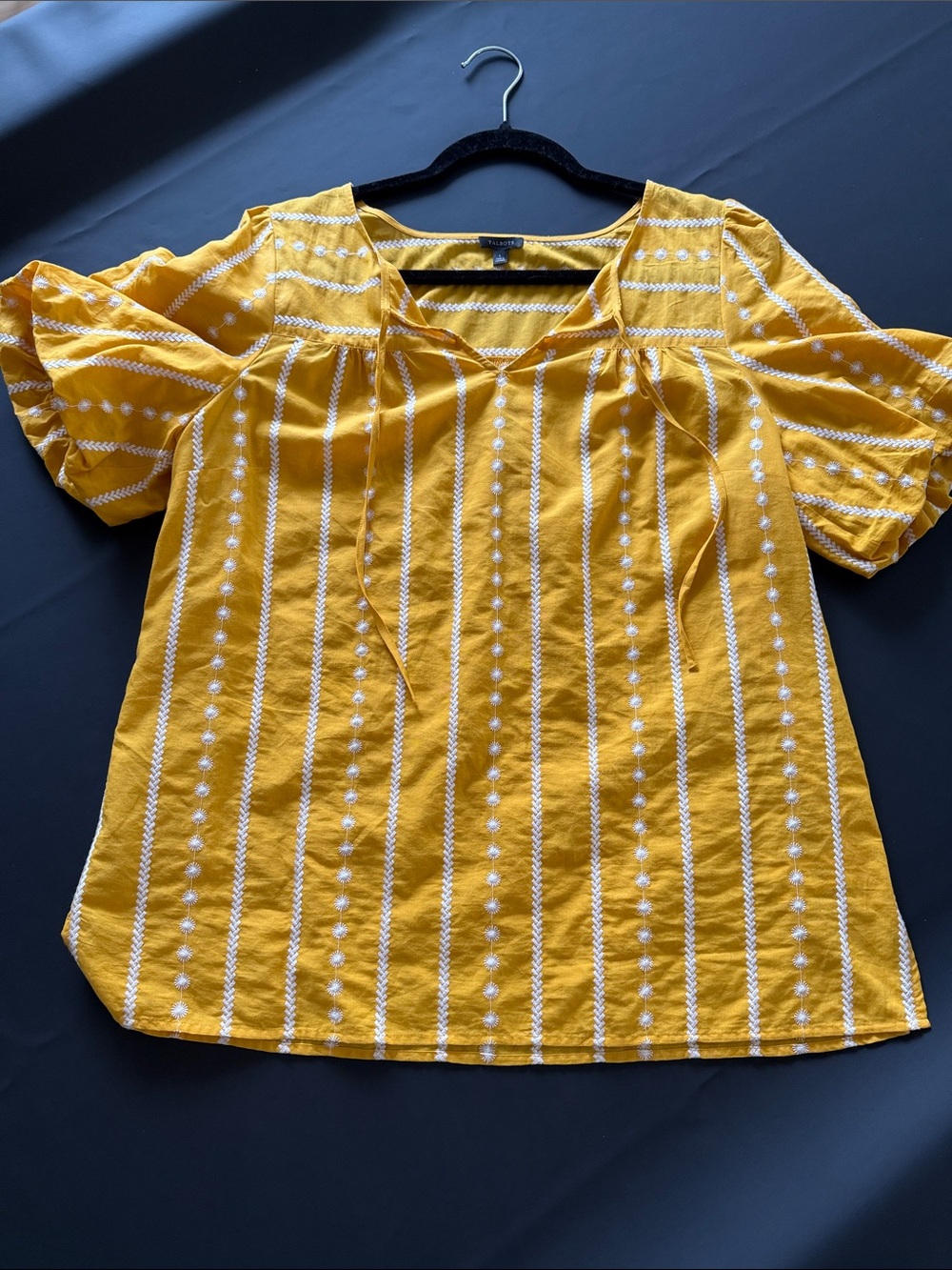 Talbots Yellow Embroidered Puff-Sleeve Tunic Top